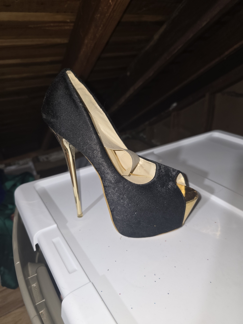 Black and Gold Peep-Toe Stiletto Heels